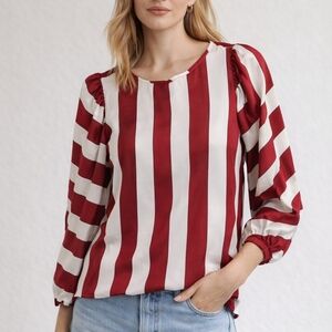 Anthropologie Maeve Bold Red and White Striped Blouse Viscose 12 M Balloon Sleev
